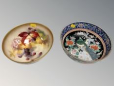 A Royal Worcester blush ivory bowl painted with blackberries by K Blake, diameter 18 cm,