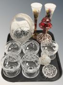 A hand painted ruby glass vase and stopper, crystal basket, pair of bud vases,