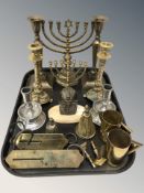 Two brass menorah, two pairs of candlesticks, a bust of a pharaoh on onyx plinth,