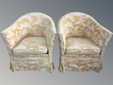 A pair of floral upholstered armchairs, width 72 cm.