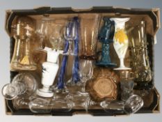 Assorted clear and coloured glass ware, drinking vessels, pair of twist vases, etc.