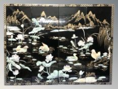 A modern Japanese lacquer and inlaid four section wall panel depicting birds in a lake,