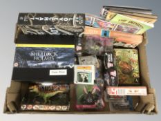 A group of modern toys and figurines, a Sherlock Holmes DVD box set,