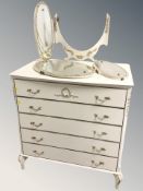 A cream and gilt five drawer mirror back dressing chest, 79 cm x 49 cm x 146 cm.