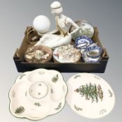 A group of collector's plates, figural Art Deco style lamp base, blue and white tea china, etc.