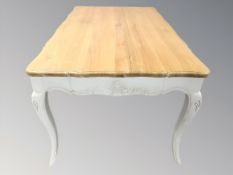 A French style painted pine dining table, 160 cm L x 94 cm W x 76 cm H,
