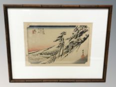 After Hiroshige : Clear Weather after Snow at Kameyama, print, 26 cm x 38 cm.