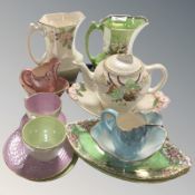 Maling lustre wares including two jugs, tea pot, gondola dishes,