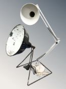 An enamelled anglepoise lamp and a further industrial lamp (Continental plugs)