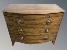 A late 19th century mahogany bow front three drawer chest, 107 cm W x 57 cm D x 89 cm H.