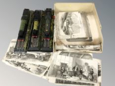 Three modern die cast scale model locomotives and a group of cut out monochrome etchings relating