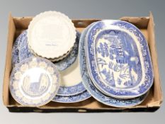 A group of blue and white willow pattern meat plates, Masons calendar plates,