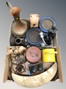 Assorted metal wares, signalling lamp, large copper and brass jug, vintage telephone.