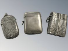 Three antique silver vesta cases, largest 5 cm long. CONDITION REPORT: 80.6g gross.