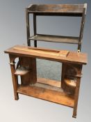 An Arts & Crafts over mantel mirror and an oak four tier bookcase, width 56 cm.