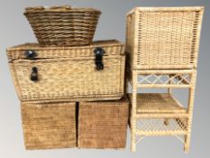 A wicker hamper, width 68 cm, together with a pair of storage boxes, basket, etc.