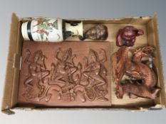 Oriental export wares including crackle glazed vase, a Thai carved hardwood panel, figures, etc.