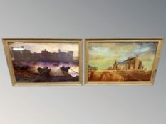 Irene Williams : Boats by a castle at sunset, reverse painted onto glass, 100 cm x 65 cm,