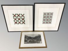 Two Judy Severson embossed panels depicting American quilt making techniques,