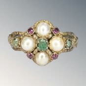 An antique emerald, ruby and pearl ring, size N½ CONDITION REPORT: Unmarked,