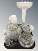 A crystal centrepiece, further bowls, decanter, etched water jug and glasses, etc.