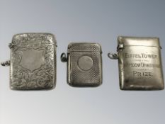 Three antique silver vesta cases, largest 5 cm long. CONDITION REPORT: 85g gross.