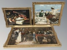 Three gilt framed needlework pictures, largest 93 cm x 52 cm.