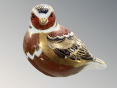 A Royal Crown Derby robin paperweight with gold stopper.