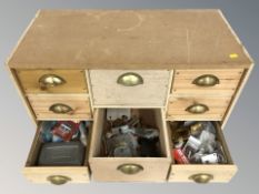 A pine and MDF eight drawer index chest and contents, 78 cm W x 39 cm D x 44 cm H.