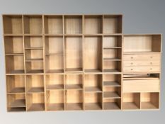A group of Scandinavian modular bookcases, three drawer chest etc,