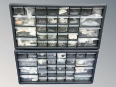 Two plastic index chests containing a large quantity of miniature figurines and other tabletop