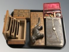 A group of cribbage boards, a lady's Oris gold plated wristwatch,