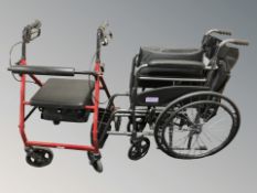 A folding wheelchair and a mobility walking aid.