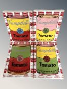Four reproduction pop art style paintings on canvas in the manner of Andy Warhol,