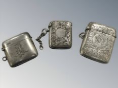 Three antique silver vesta cases, largest 5 cm long. CONDITION REPORT: 70.6g gross.