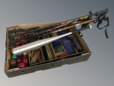 A quantity of Meccano, billiards balls, walking sticks, baseball bat.