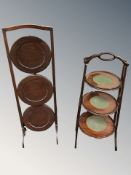Two mahogany folding cake stands and a card table.