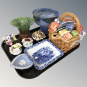 A Ringtons novelty tea pot, Royal Crown Derby lidded pot, Staffordshire flower posies,