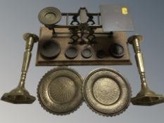 A set of Victorian brass and oak letter scales with weights,