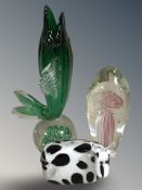 Three pieces of coloured art glass including Cow,