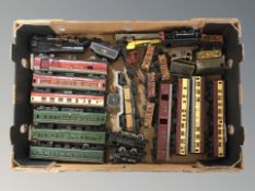 A box of model railway related items including engines, Lima carriages,