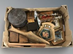 A box of wooden wares, Naval plaques, carved wooden pot,