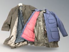 A group of gent's coats to include black leather jacket, a Crombie 3/4 length coat, etc.