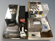 Two crates of boxed cook wares, slow cooker, pan set,