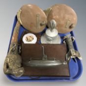 A pair of copper spout tops, plaque,