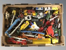 A box of play worn die and other vehicles including Corgi, Carromore,