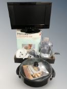 A box of kitchen related items, multi cooker pan, blender, foot massager,