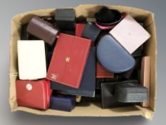 A box of empty jewellery cases, watch boxes, Omega, etc.