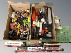 Two crates of die cast cars, model vehicles, Eddie Stobart lorries, a part Subbuteo set, etc.