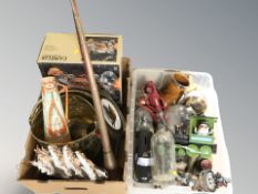 Two crates of pottery, model boat, copper horn,